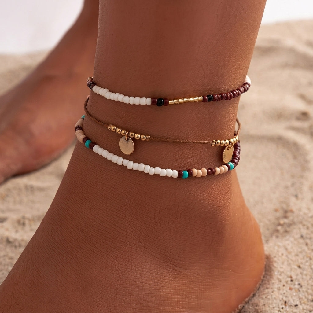 3pc Boho Beaded Anklet Stack
