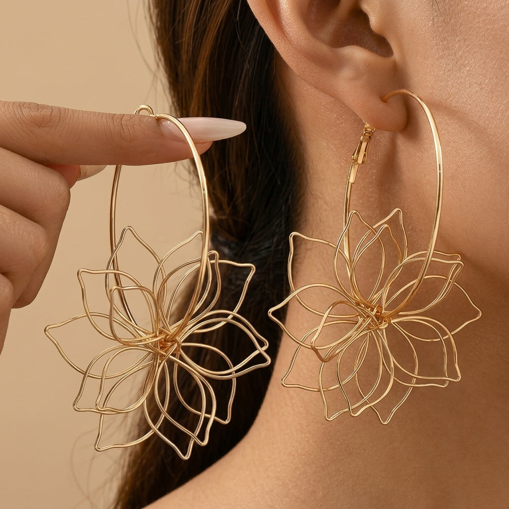 Feminine Hoop Flower Outline Earrings
