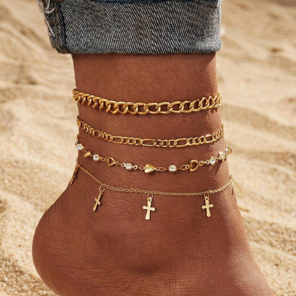 4pc Heart & Cross Anklet Stack