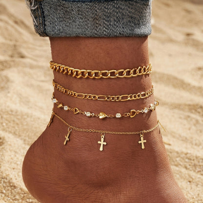 4pc Heart & Cross Anklet Stack