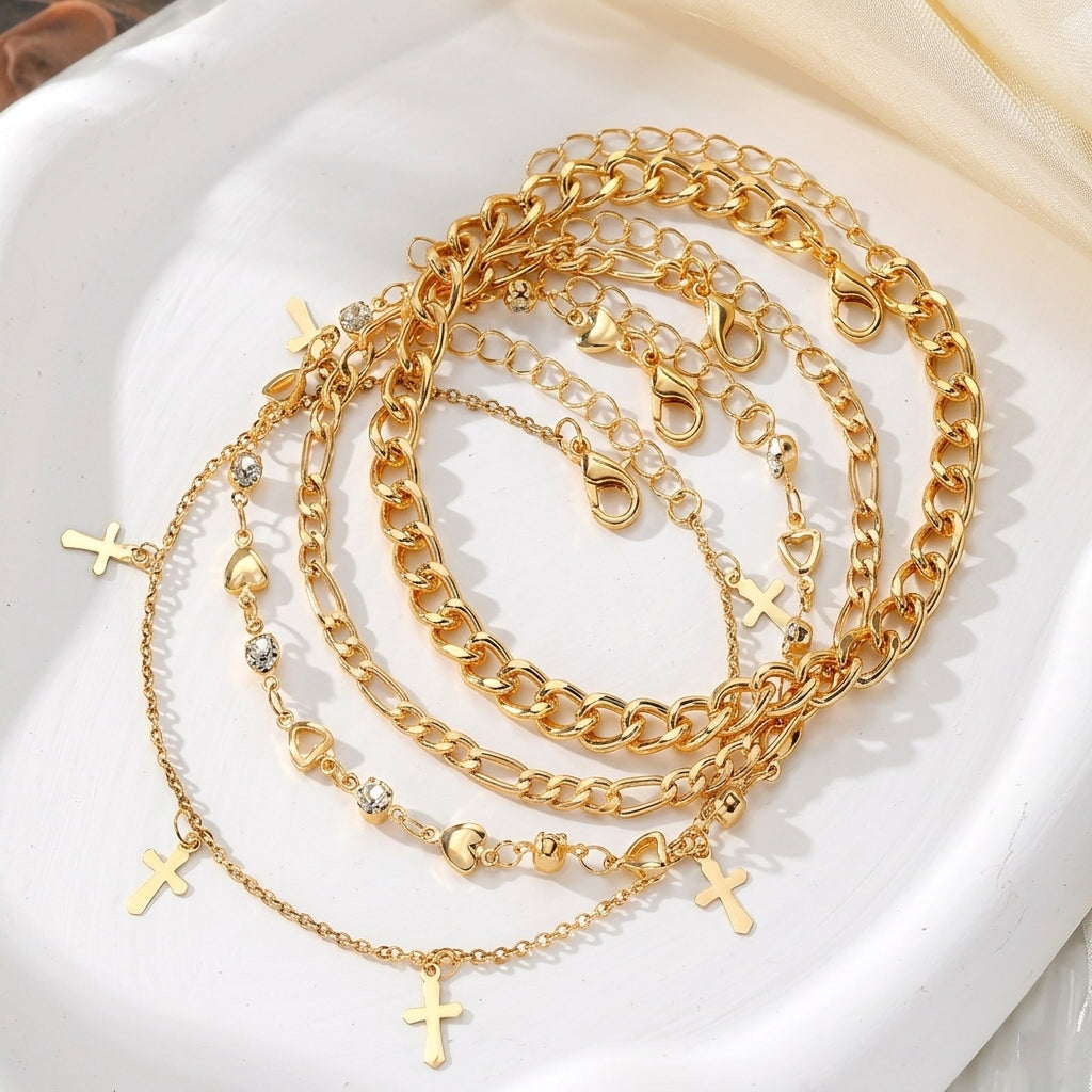 4pc Heart & Cross Anklet Stack