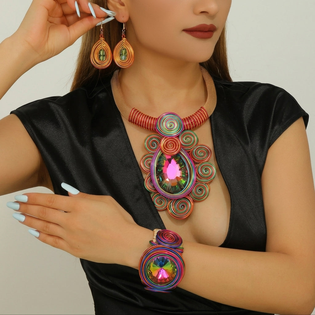 3pc Creative Aluminum Wire Crystal Necklace, Earrings, Bracelet Set