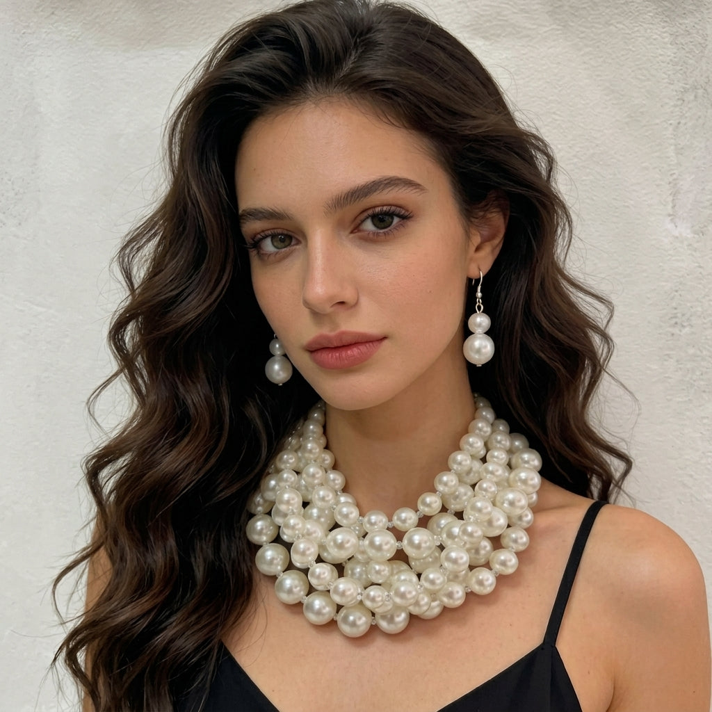 Extravagant Layered Pearl Necklace and Earrings Set