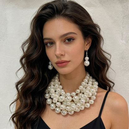 Extravagant Layered Pearl Necklace and Earrings Set