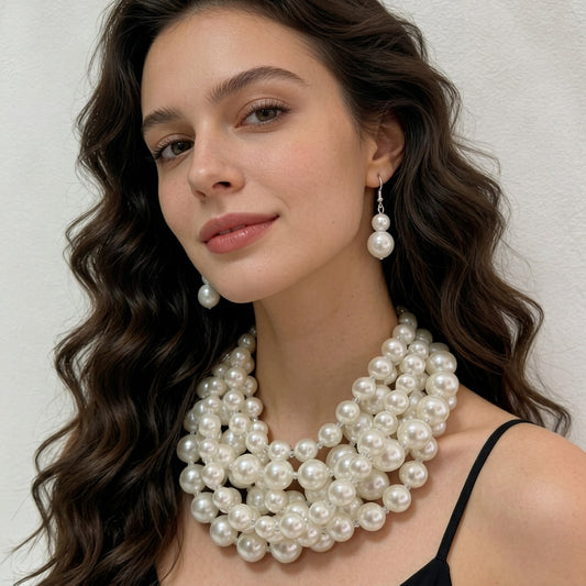 Extravagant Layered Pearl Necklace and Earrings Set