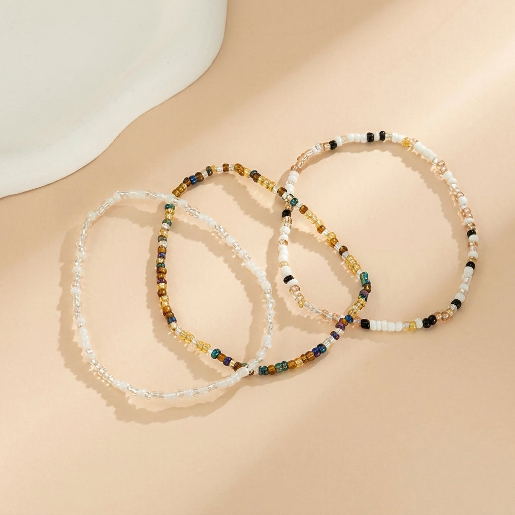 3pc Boho Beaded Colorblock Anklet Stack