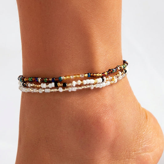 3pc Boho Beaded Colorblock Anklet Stack