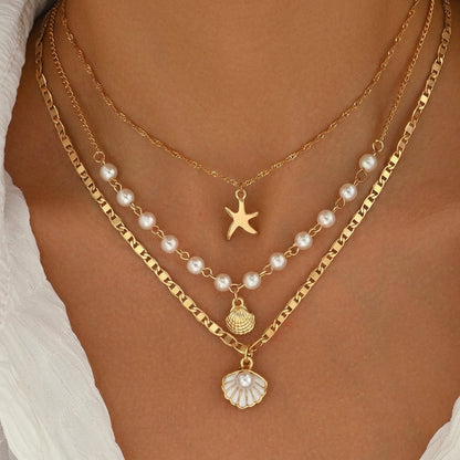 3pc Boho Starfish & Shell Layered Necklace Stack