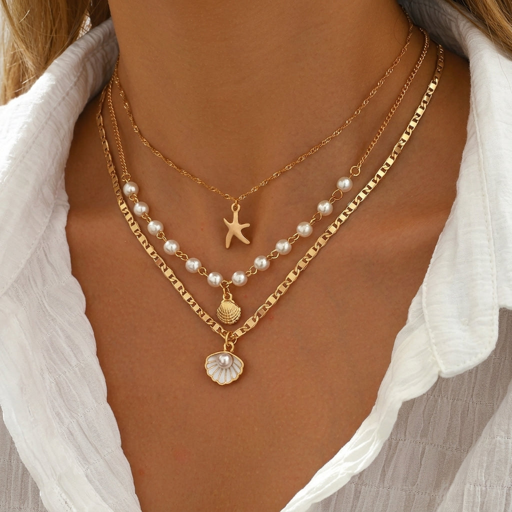 3pc Boho Starfish & Shell Layered Necklace Stack