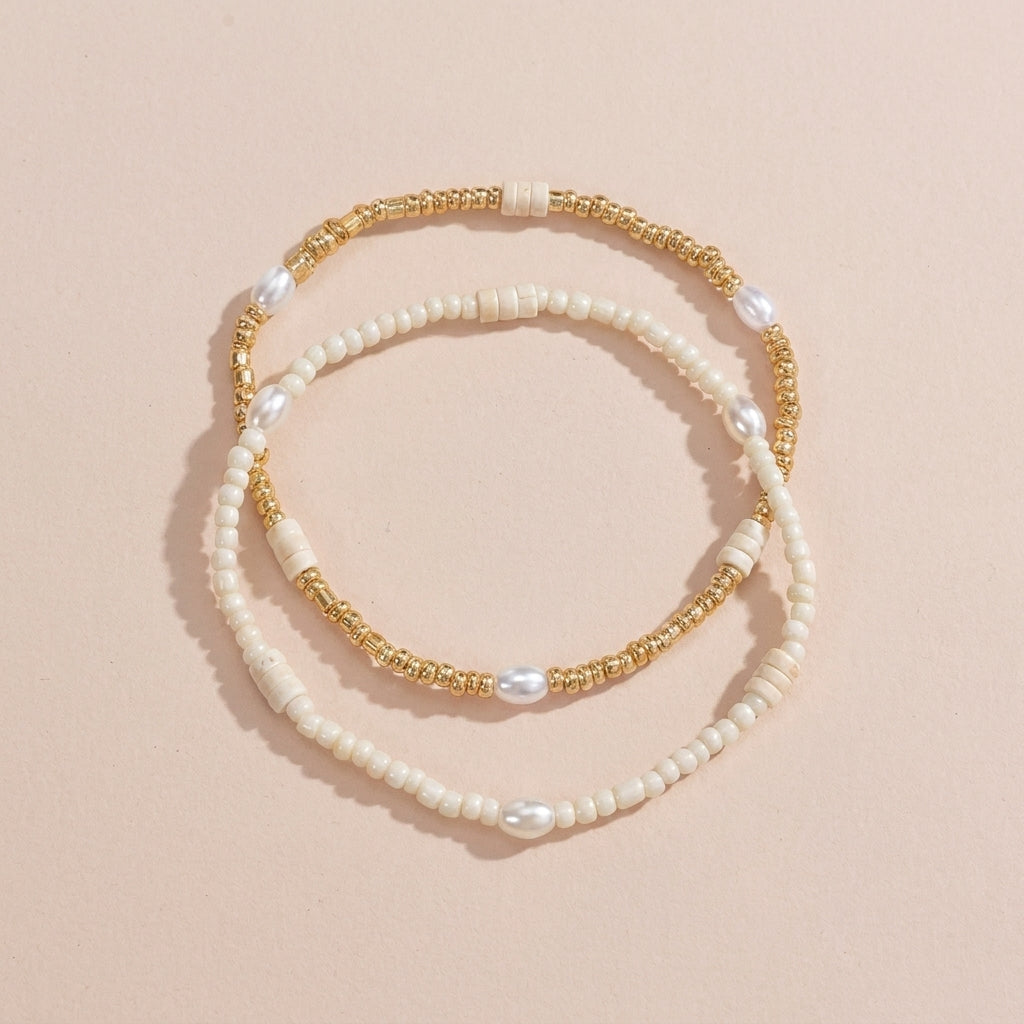2pc Gold & White Beaded Anklet Stack