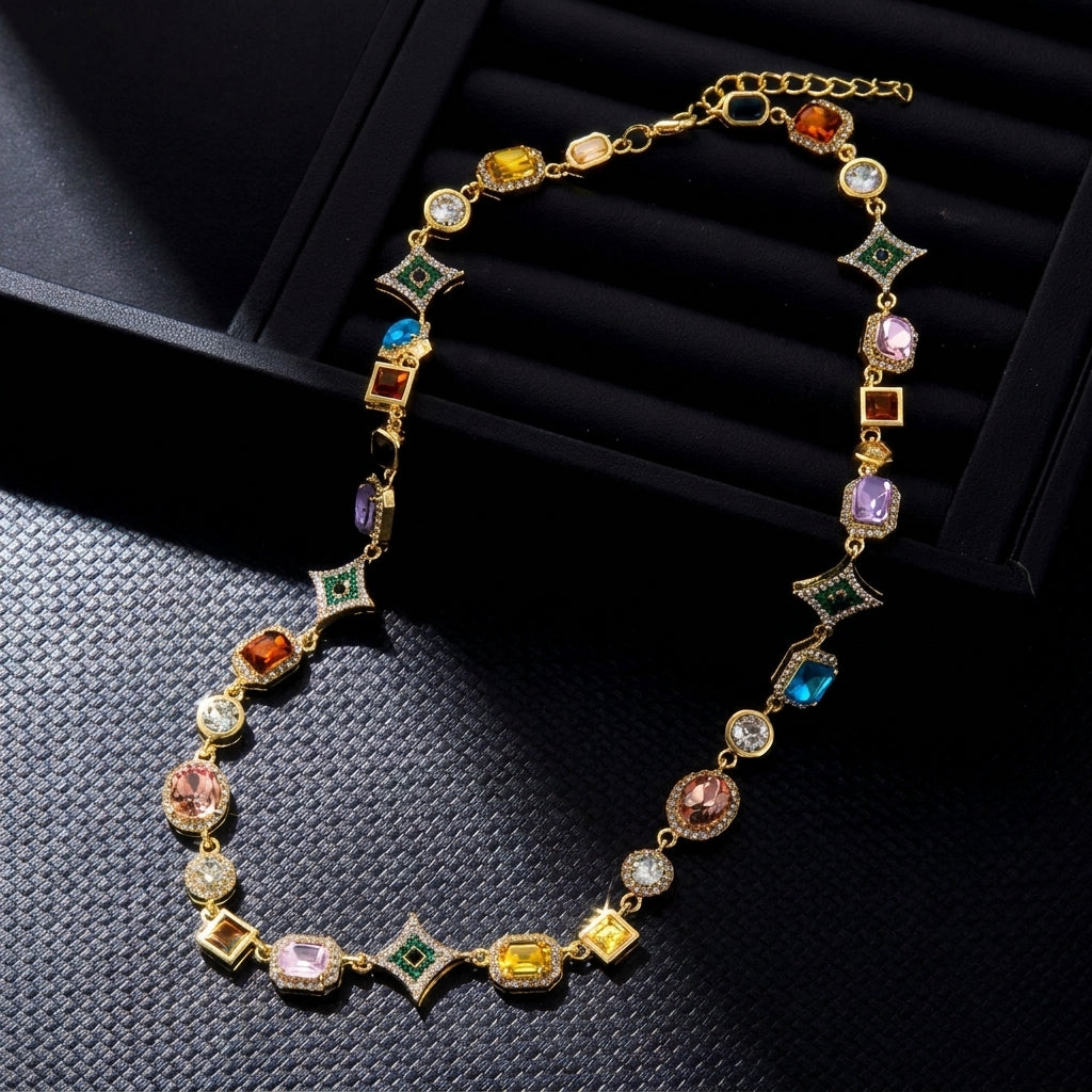 Colorful Geometric Gem Set Necklace
