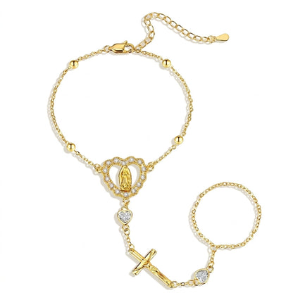 14k Virgin Mary & Jesus Christ Heart Cross Hand Chain