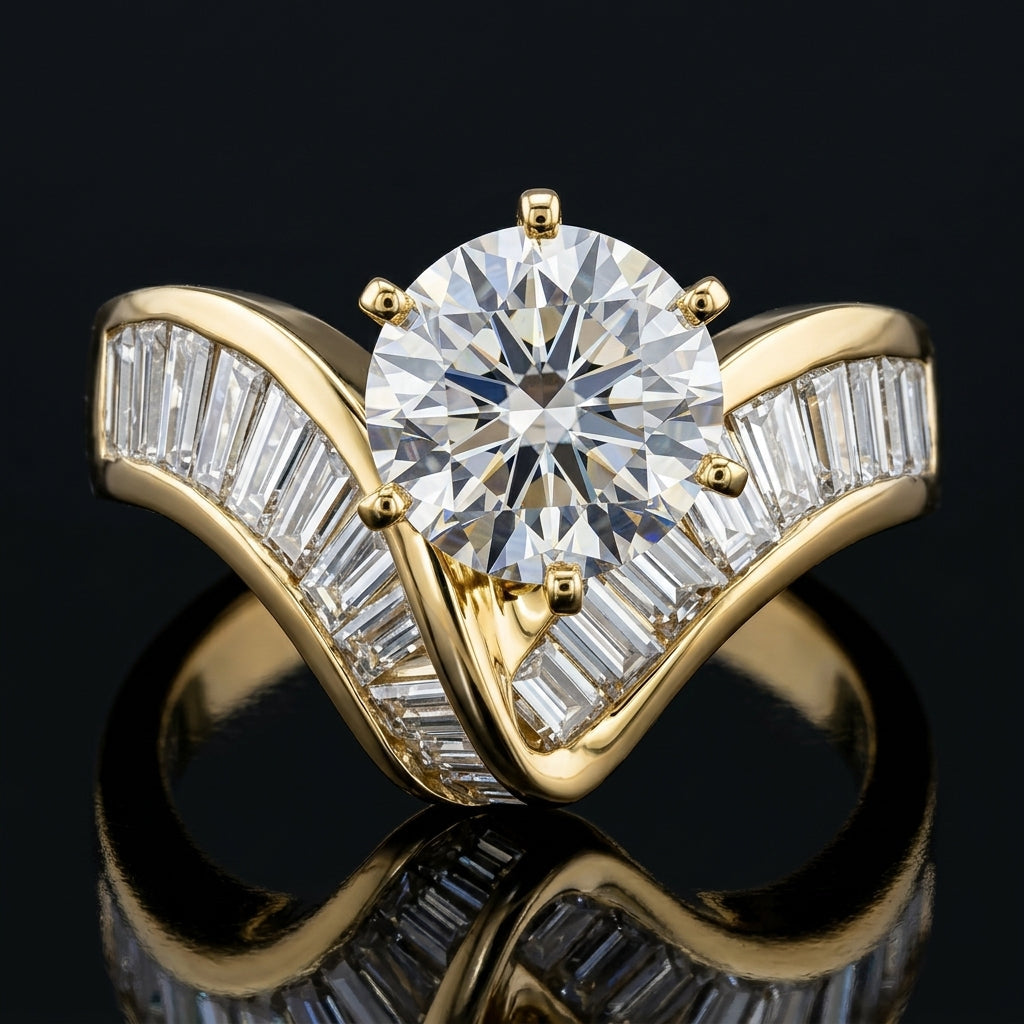 Baguette Cut V Shaped Diamond Accented Ring