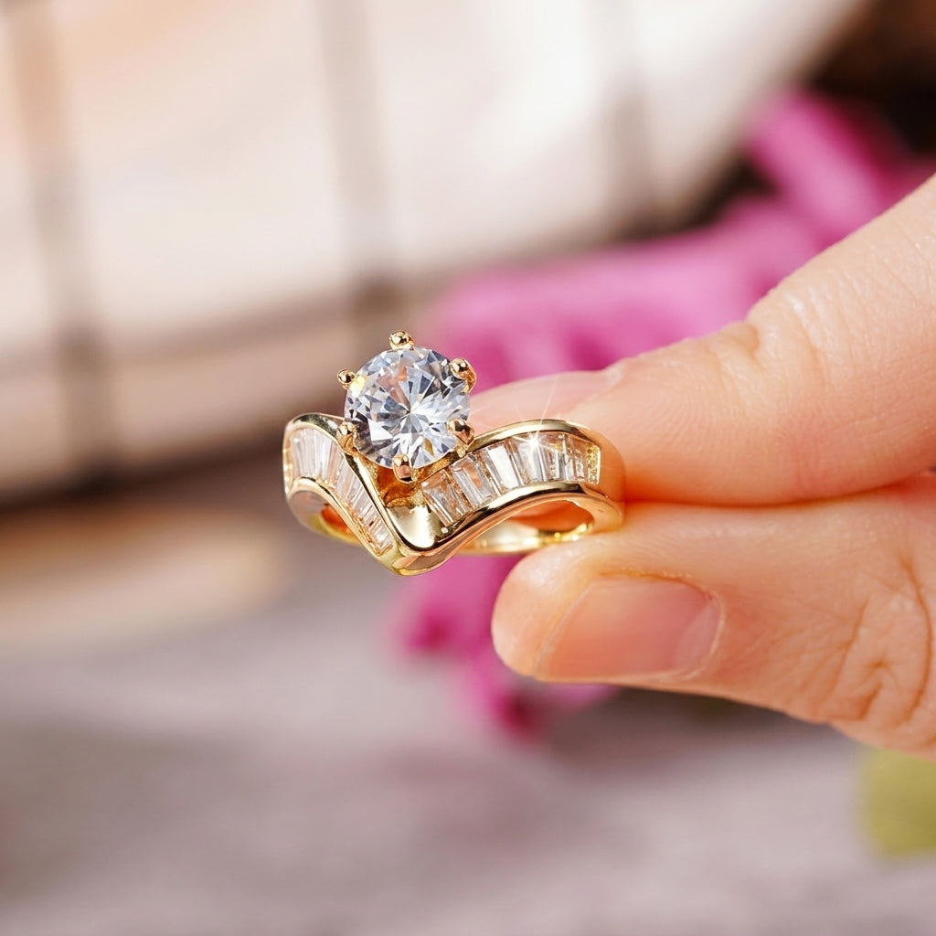 Baguette Cut V Shaped Diamond Accented Ring