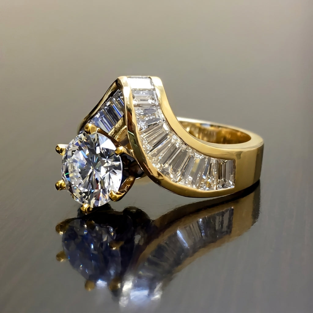 Baguette Cut V Shaped Diamond Accented Ring