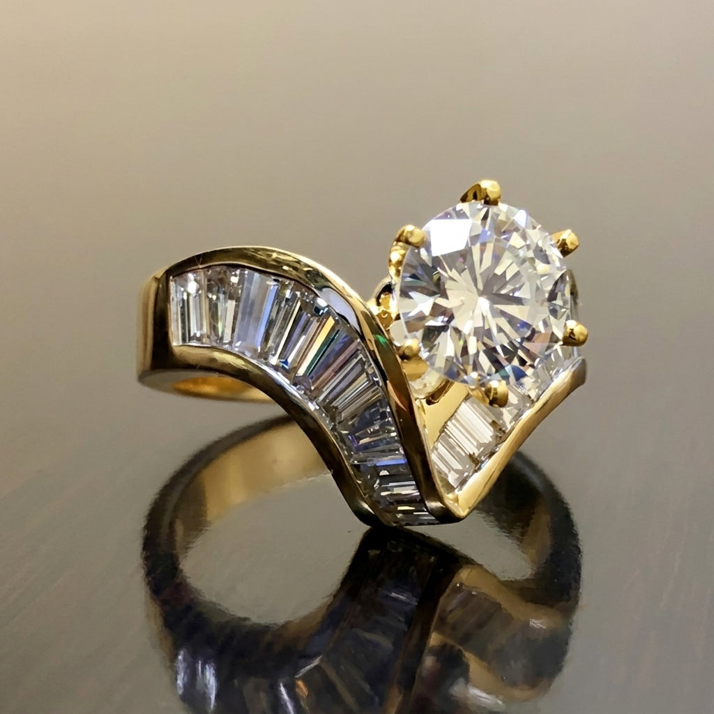 Baguette Cut V Shaped Diamond Accented Ring