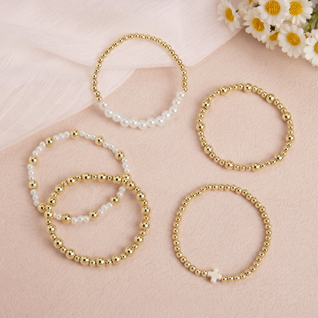 5pc Gold & Pearl Cross Beaded Bracelet Stack