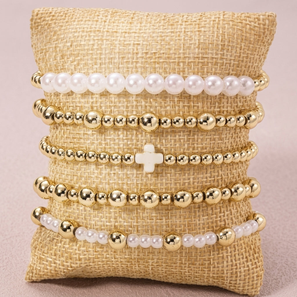 5pc Gold & Pearl Cross Beaded Bracelet Stack