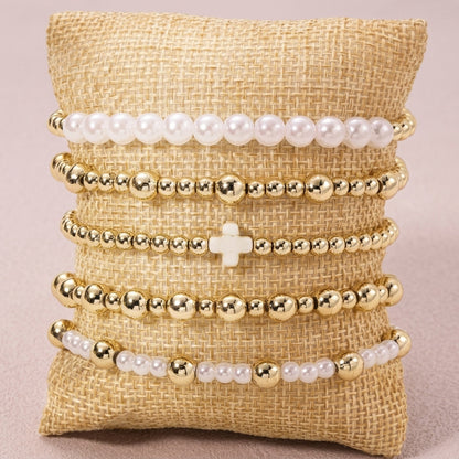 5pc Gold & Pearl Cross Beaded Bracelet Stack