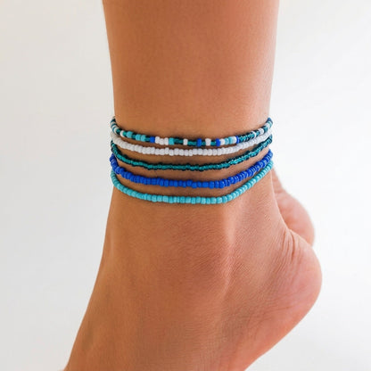 5pc Colorful Beaded Layered Anklet Stack