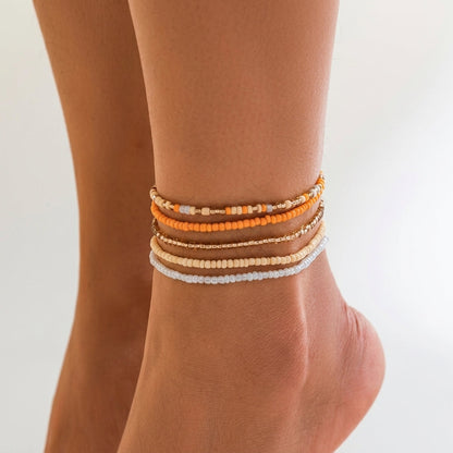 5pc Colorful Beaded Layered Anklet Stack