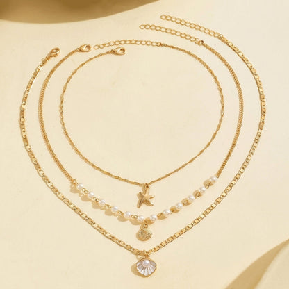 3pc Boho Starfish & Shell Layered Necklace Stack