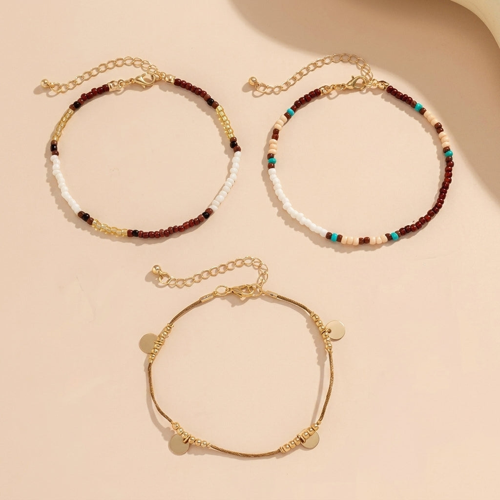 3pc Boho Beaded Anklet Stack
