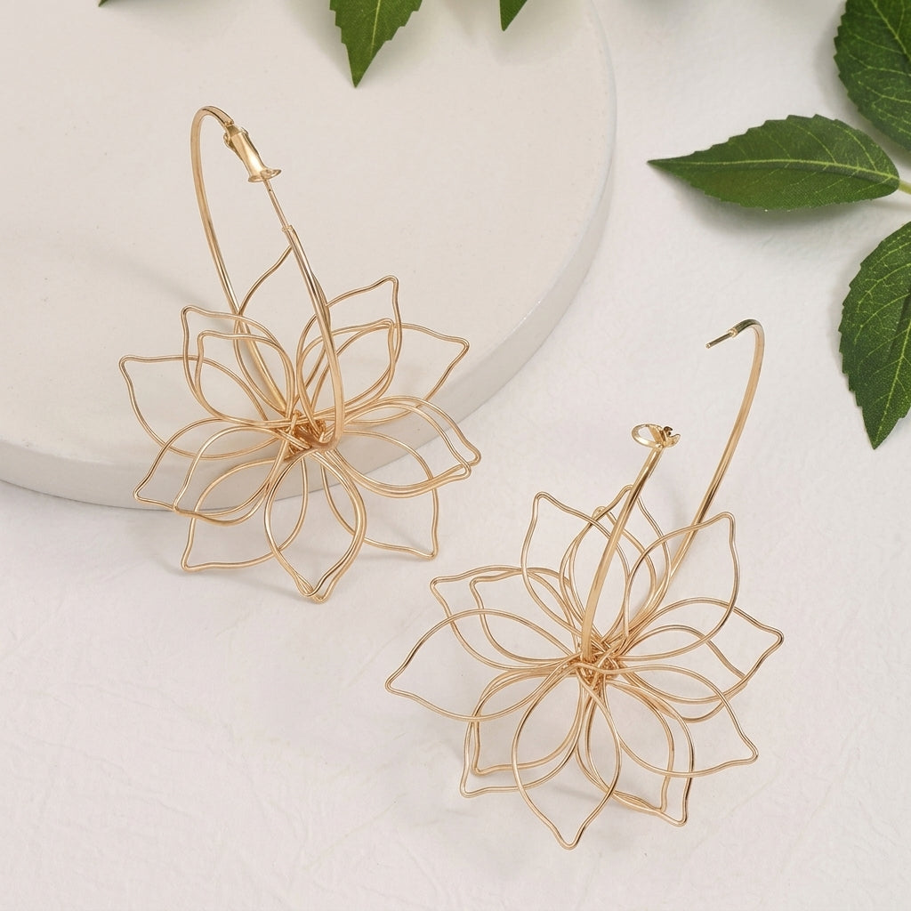 Feminine Hoop Flower Outline Earrings