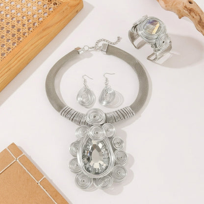 3pc Creative Aluminum Wire Crystal Necklace, Earrings, Bracelet Set