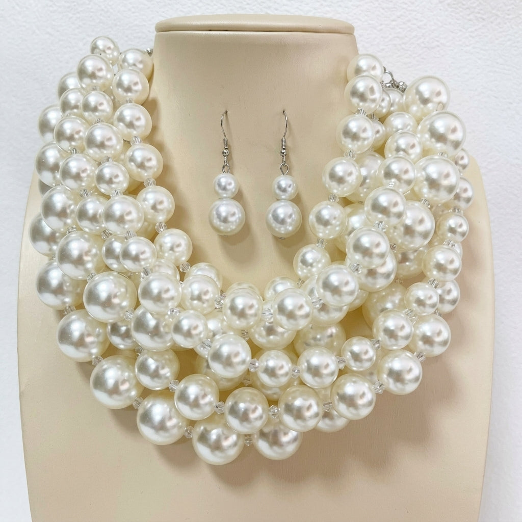 Extravagant Layered Pearl Necklace and Earrings Set