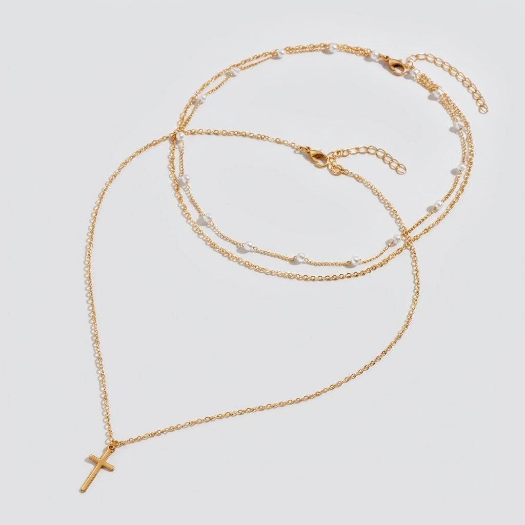 2pc Dainty Layered Pearl & Cross Necklace Stack