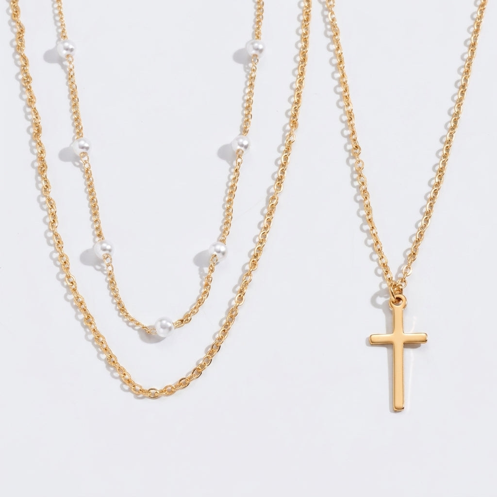 2pc Dainty Layered Pearl & Cross Necklace Stack