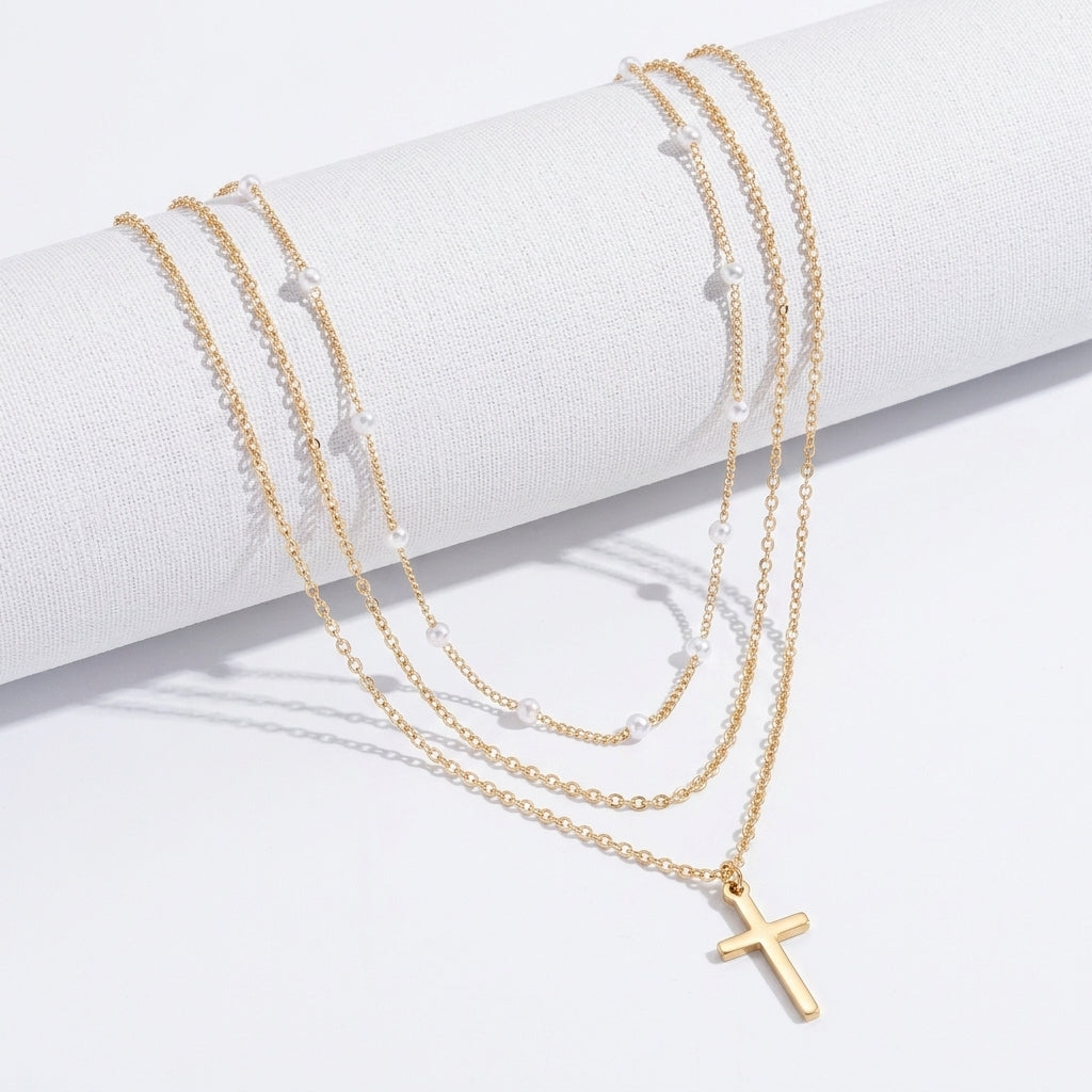 2pc Dainty Layered Pearl & Cross Necklace Stack