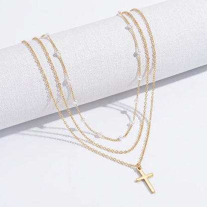 2pc Dainty Layered Pearl & Cross Necklace Stack