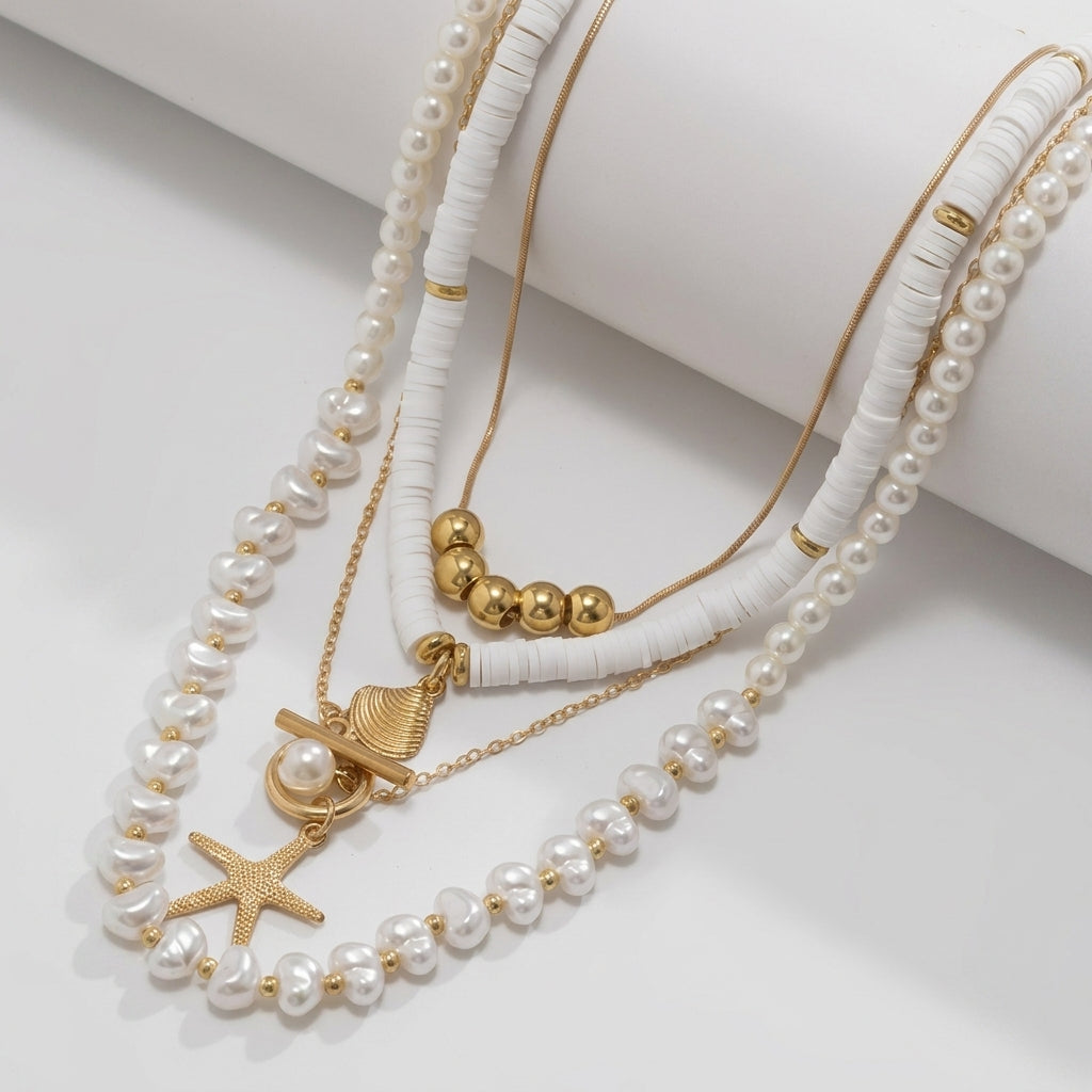 4pc Boho Faux Pearl, Starfish, & Shell Necklace