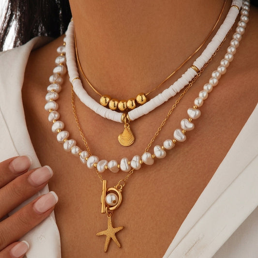 4pc Boho Faux Pearl, Starfish, & Shell Necklace