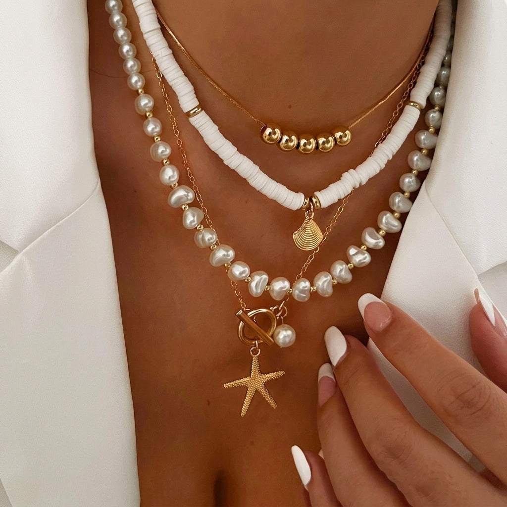 4pc Boho Faux Pearl, Starfish, & Shell Necklace