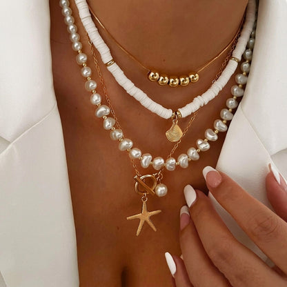 4pc Boho Faux Pearl, Starfish, & Shell Necklace
