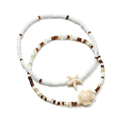 Dainty Boho Sea Star & Turtle Anklet Stack