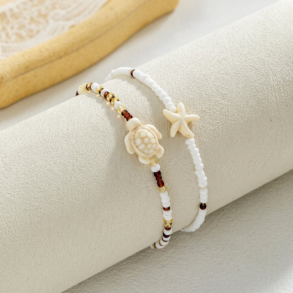 Dainty Boho Sea Star & Turtle Anklet Stack