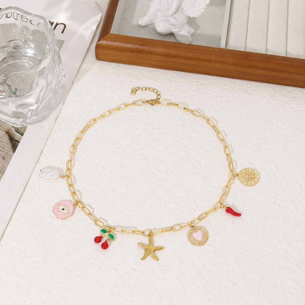 7 Charm Playful Paperclip Chain Necklace