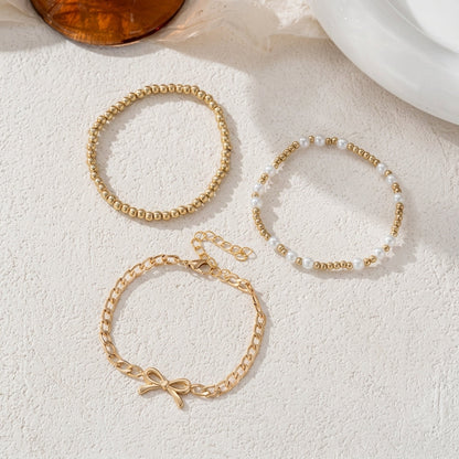 3pc Beaded Pearl & Cuban Bow Bracelet Stack