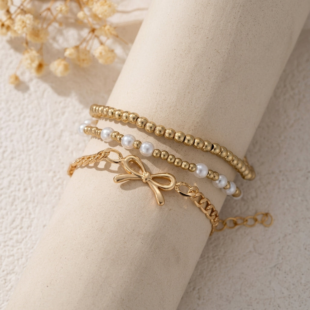 3pc Beaded Pearl & Cuban Bow Bracelet Stack