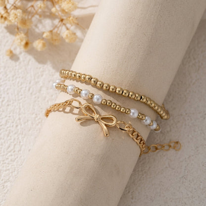 3pc Beaded Pearl & Cuban Bow Bracelet Stack
