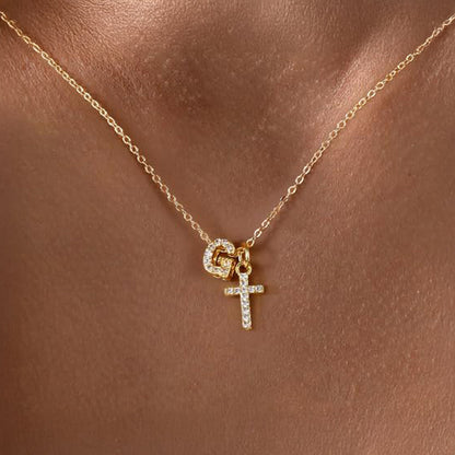 Dainty Diamond Initial & Cross Necklace
