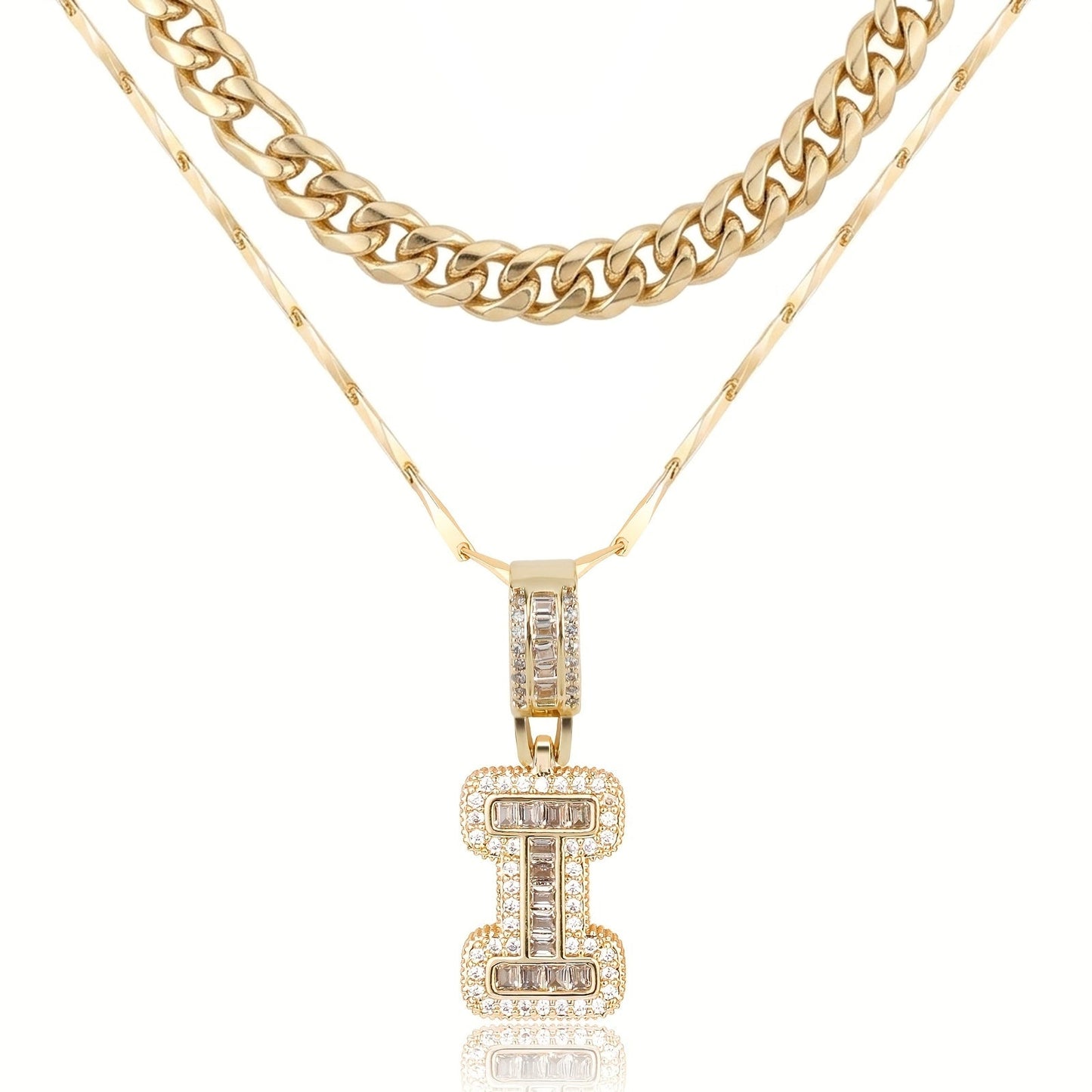 2pc 14k Layered Cuban & Initial Necklaces