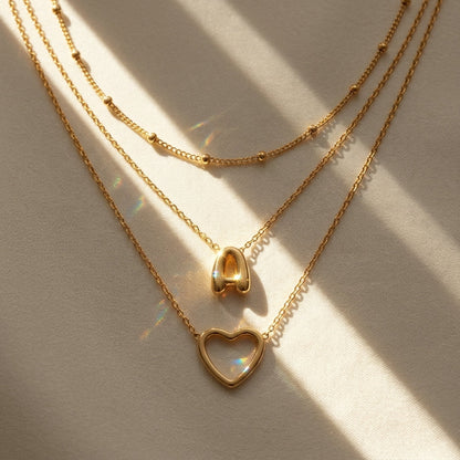 18k 3pc Heart & Bubble Letter Initial Necklace Stack