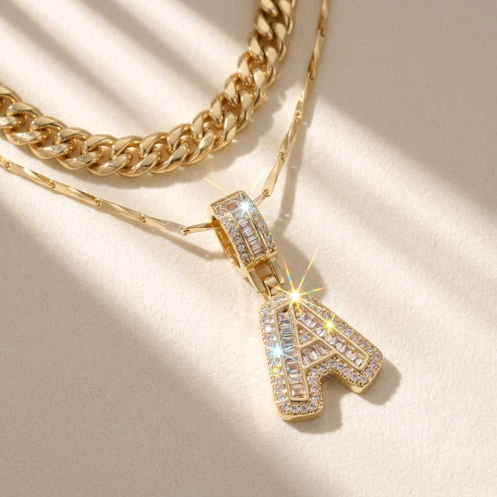 2pc 14k Layered Cuban & Initial Necklaces