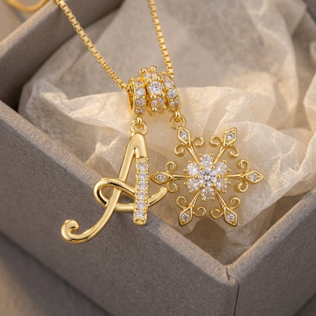 14k Elegant Initial & Snowflake Necklace