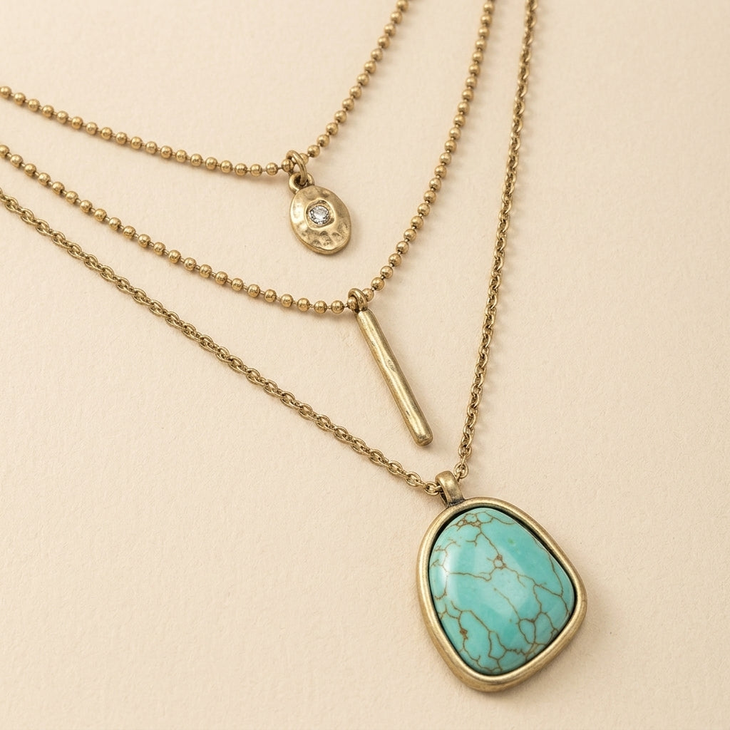 3pc Boho Turquoise Stone Center Piece Necklace Stack